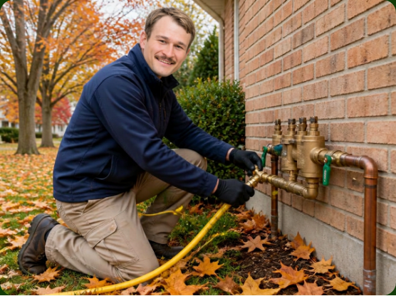 Technician winterizing a residential irrigation system